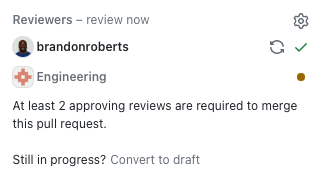 Reviewers for a PR in the GitHub UI including the @open-sauced/engineering team